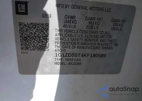 2019 Chevrolet Malibu Lt из США, поврежденный, VIN 1G1ZD5ST4KF180589